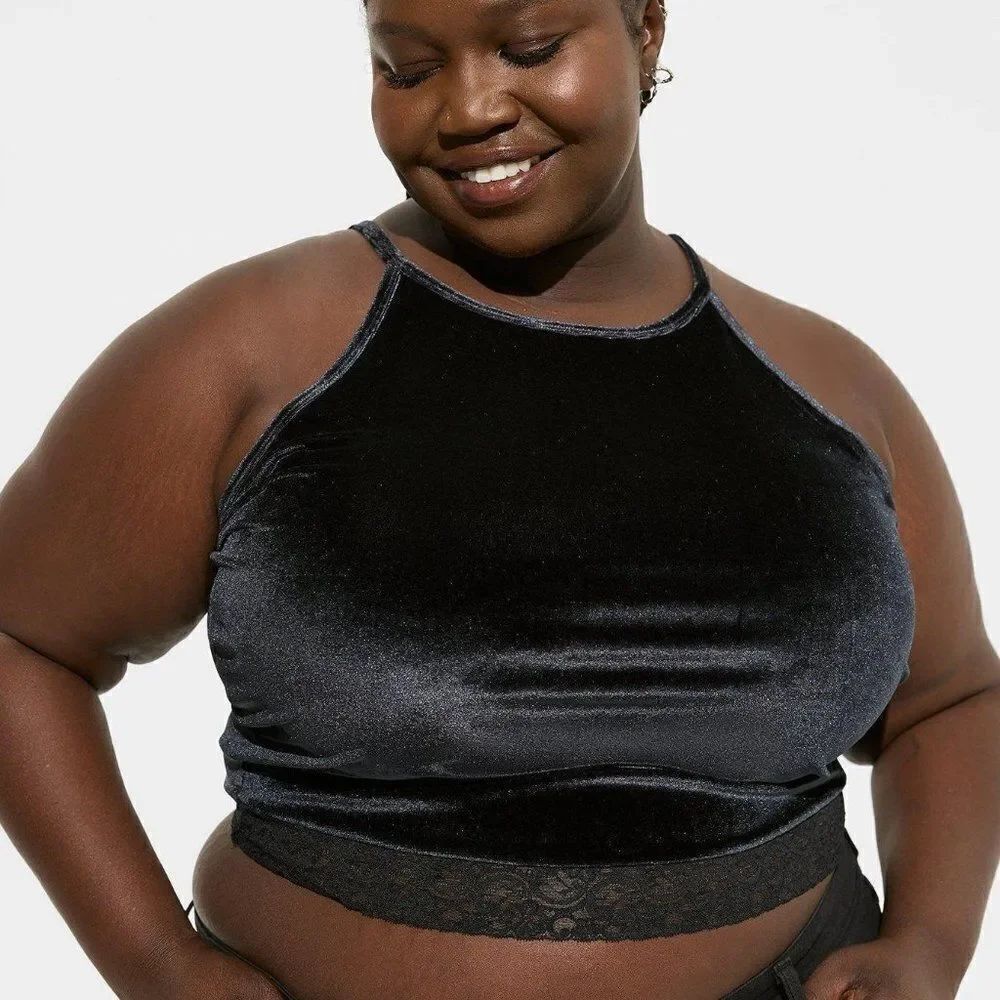 Torrid Festi Stretch Velvet Cropped High Neck Lace Trim Cami